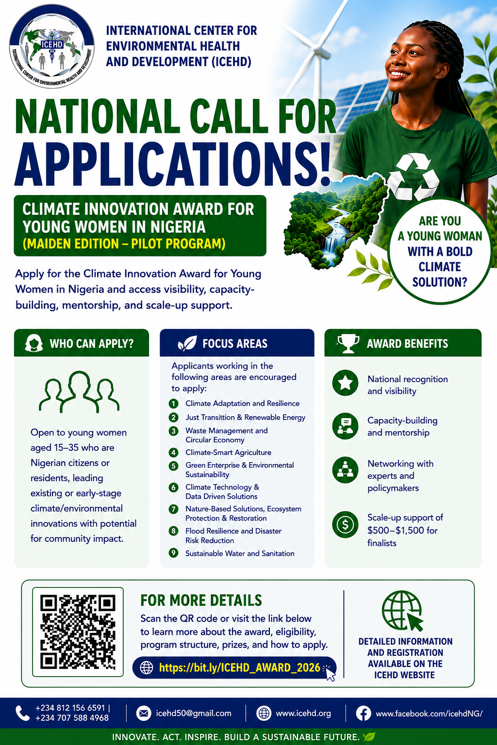 CLIMATE INNOVATION AWARD FOR YOUNG WOMEN IN NIGERIA  (Maiden Edition – Pilot Program) Organized By  International Centre For Environmental Health And Development (ICEHD)