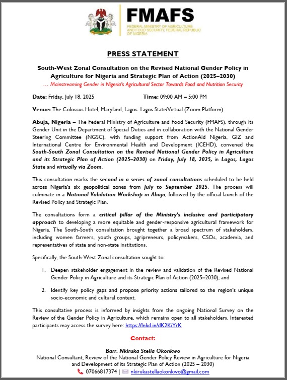 ICEHD Partners with FMAFS and Development Stakeholders to Review Nigeria’s National Gender Policy in Agriculture (2025–2030)
